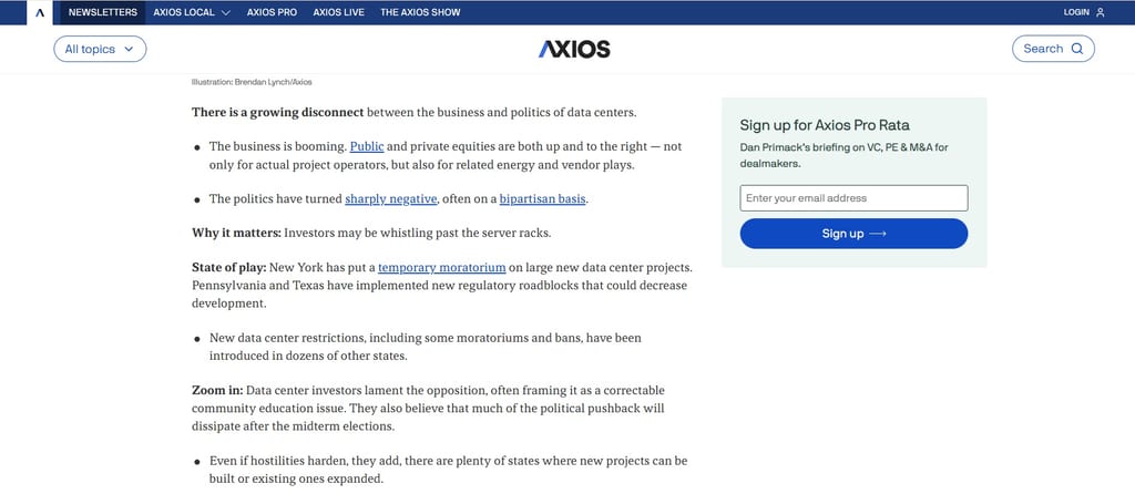 Esempio della newsletter Axios Pro Rata nella versione desktop