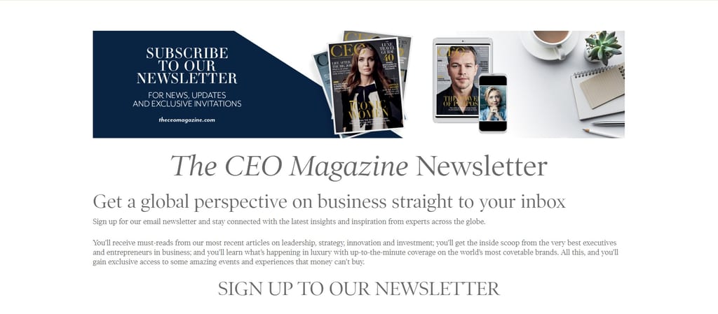 Schermata della pagina di destinazione della newsletter The CEO Magazine