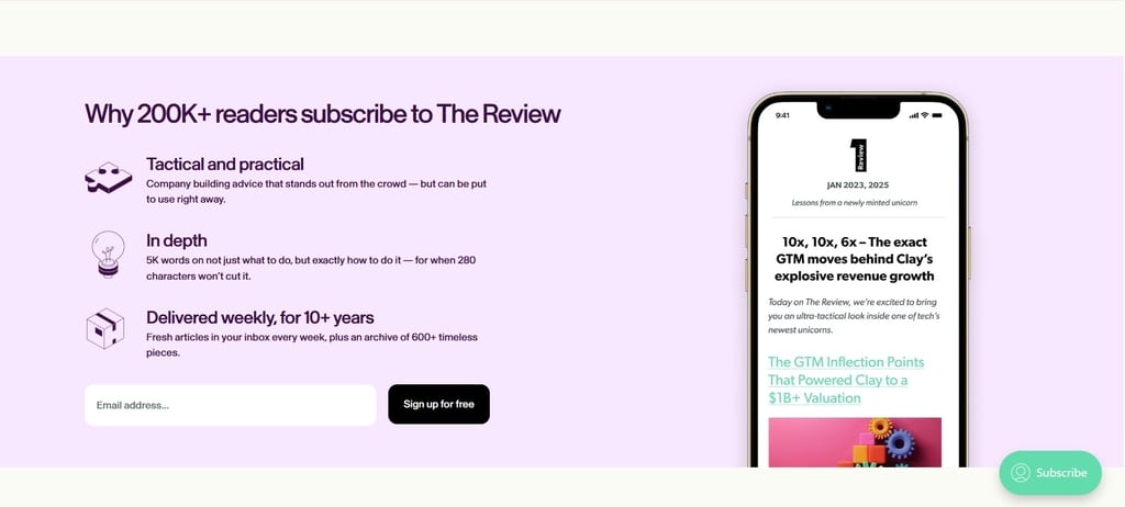 La pagina di iscrizione a First Round Review con un esempio di schermata della newsletter