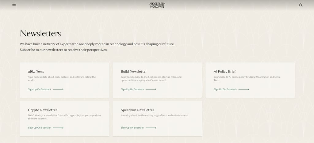 La pagina di presentazione delle newsletter di a16z con la sua raccolta di newsletter