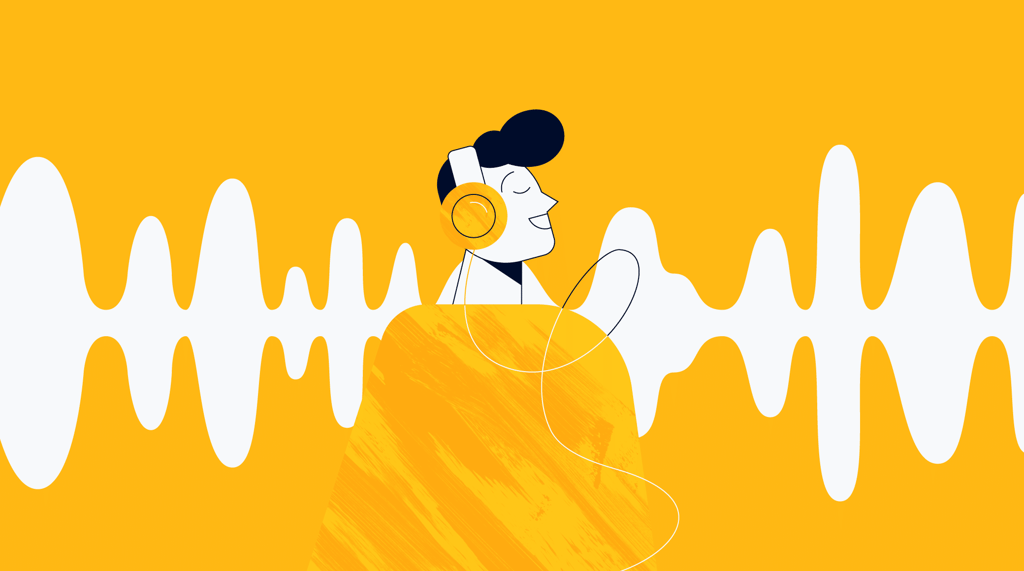 illustration of a project manager listening to project management podcasts with audio waves in the background