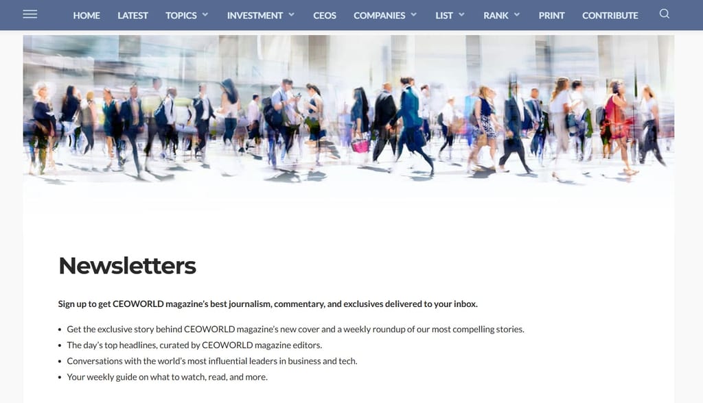 Screenshot della pagina della newsletter della rivista CEOWorld