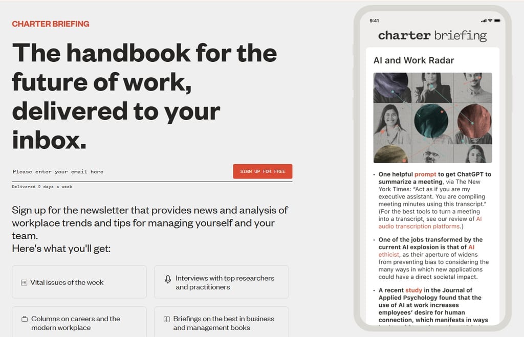 La pagina di iscrizione a Charter Briefing che mostra un esempio di newsletter