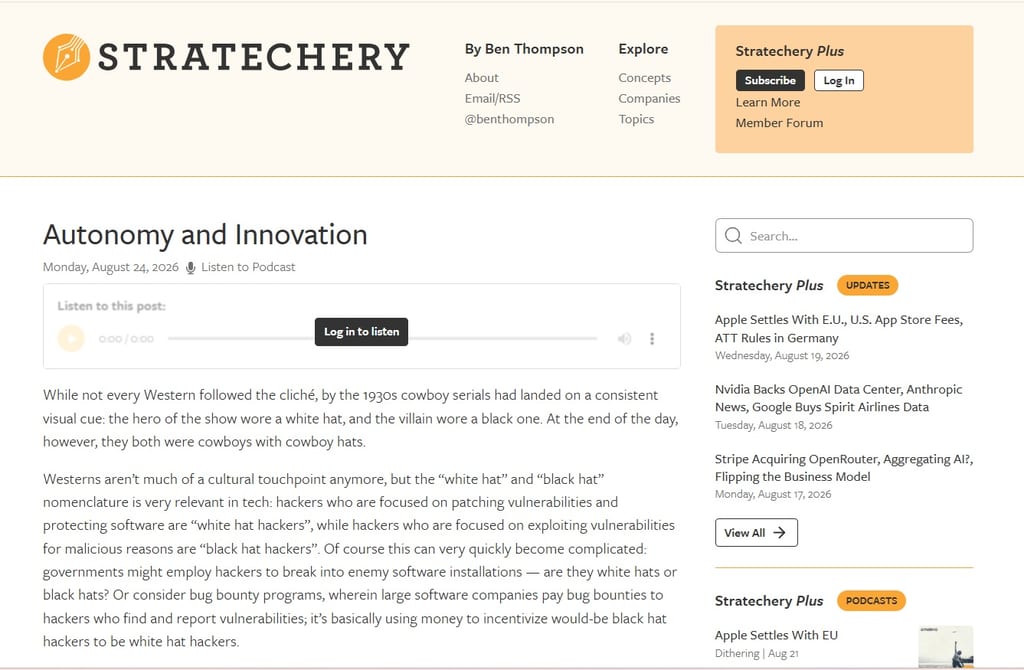Screenshot della pagina di presentazione della newsletter Stratechery di Ben Thompson