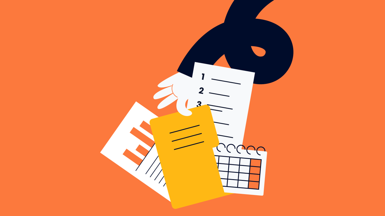 project manager's arm hovering over calendars and documents