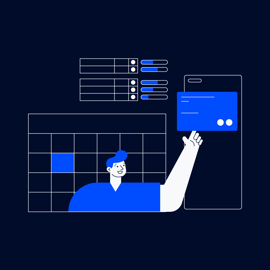 illustration of a project manager next to status bars, charts, and desktop windows