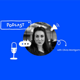 photo of Olivia Montgomery on a blue background with podcast and speaker and microphone illustrations