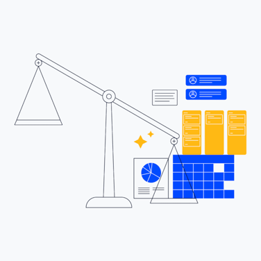 illustration of scales pulled down on one side by graphs kanban boards calenders and other features of project management software