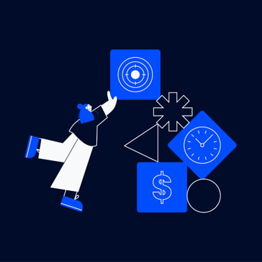project manager holding up a stack of boxes with constraints in them, represented by a clock, a dollar sign, and a target