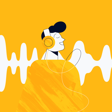 illustration of a project manager listening to project management podcasts with audio waves in the background