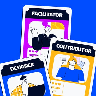 playing cards with the three collaboration roles on them - facilitator, contributor, and designer