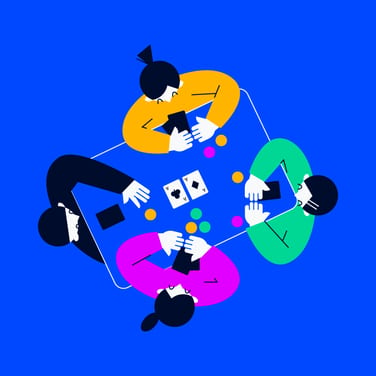 project manager and their team sitting around a card table playing planning poker
