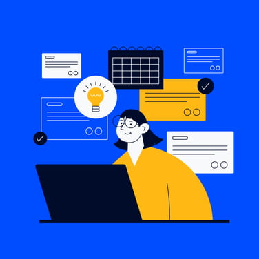 project manager sitting at a laptop with charts and graphs behind them