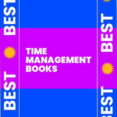 Time management books text on pink and blue background