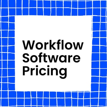 Workflow software pricing text on blue grid background