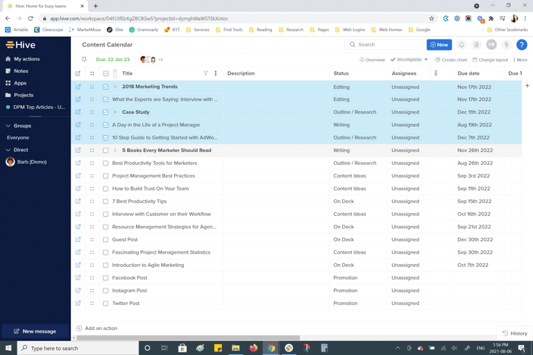 Hive Projects Sample - Content Calendar Screenshot