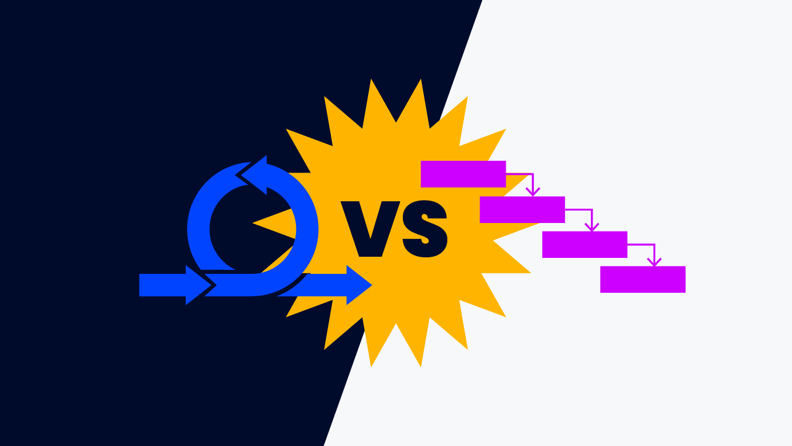 arrows in a circle next to boxes with arrows between them with vs in the middle for agile vs waterfall