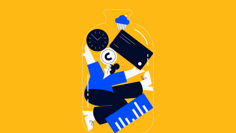 illustration of a project manager inside a glass bottle with other items for capacity planning