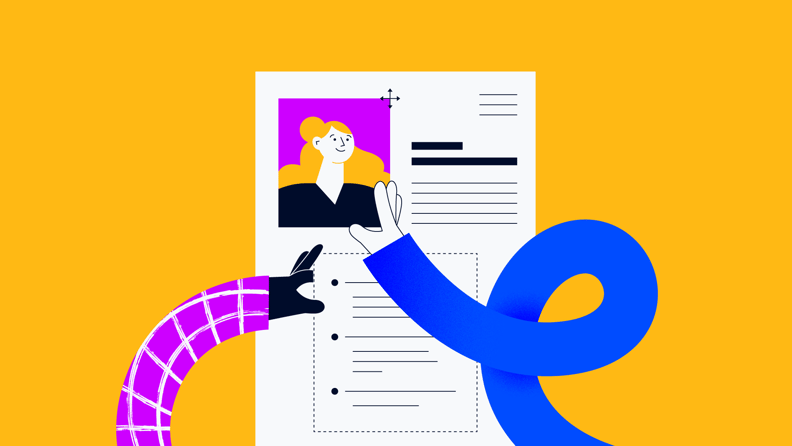 illustration of a digital project manager resume with hiring managers reviewing it