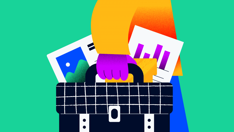 illustration of a project manager carrying a briefcase filled with portfolio items