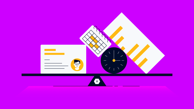 resource management graphs calendars clocks and team members balancing on a scale