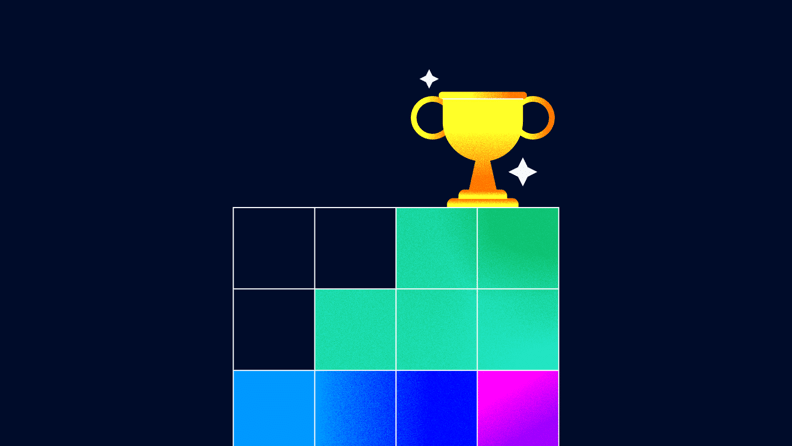 illustration of a table with various cells filled in and a trophy on top for risk registers