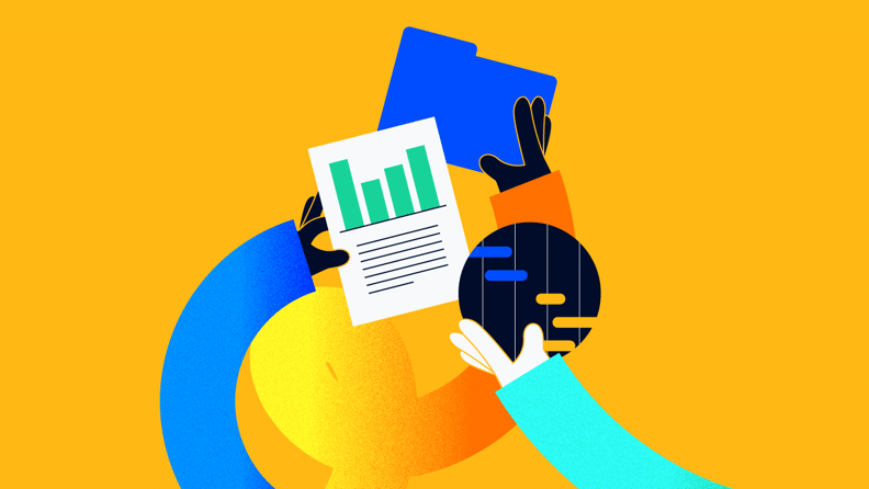illustration of project managers holding graphs and files and charts for what is enterprise project management