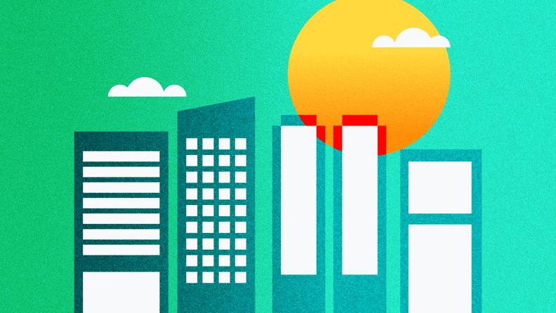 illustration of a skyline with a setting sun behind it for enterprise project management office