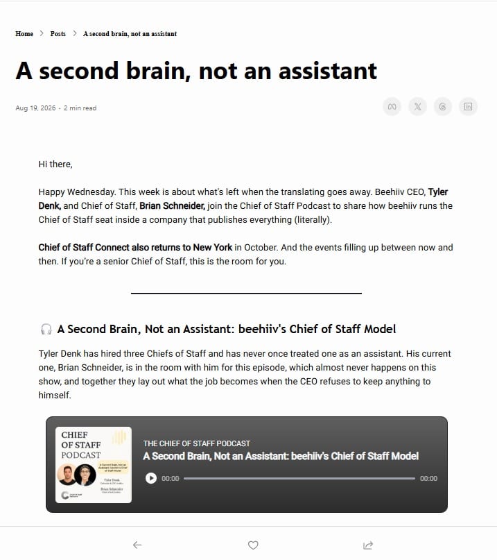 Screenshot di un esempio della newsletter di Chief of Staff Network