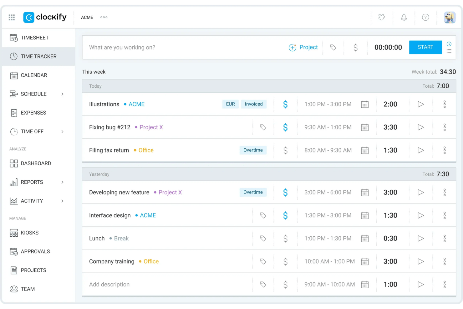 Clockify is a free tool that helps teams track work hours and manage time efficiently.