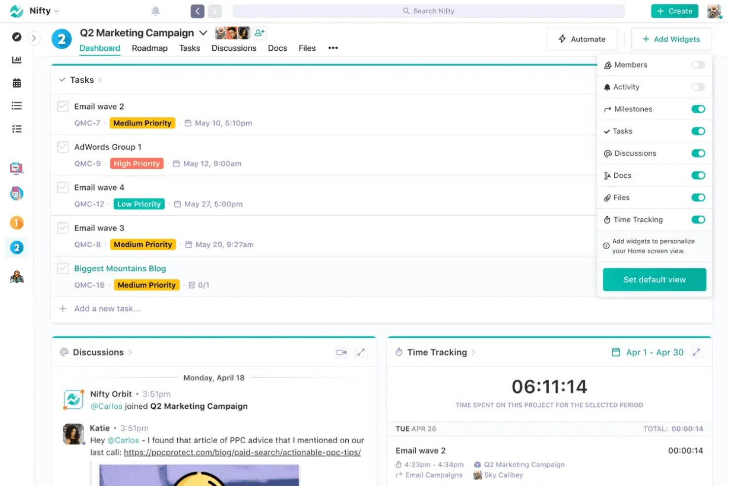 Nifty centralizes tasks, timelines, docs, and team discussions.