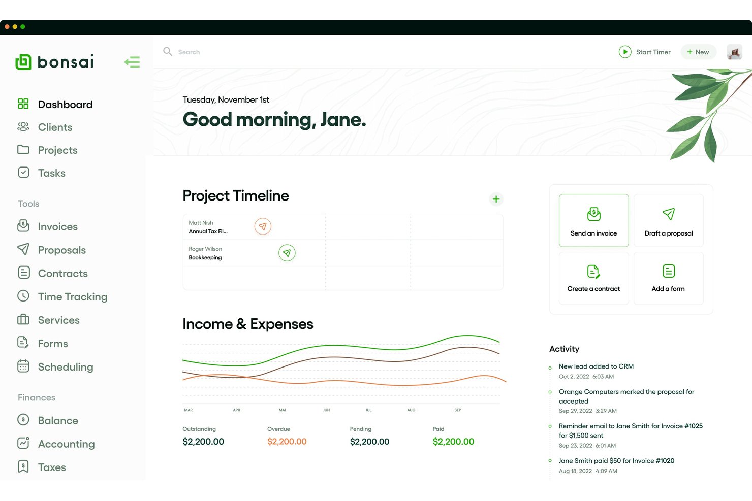 Hello Bonsai offers a clean dashboard with project timelines, income and expense charts, quick-action shortcuts, and a live activity feed for freelancers.