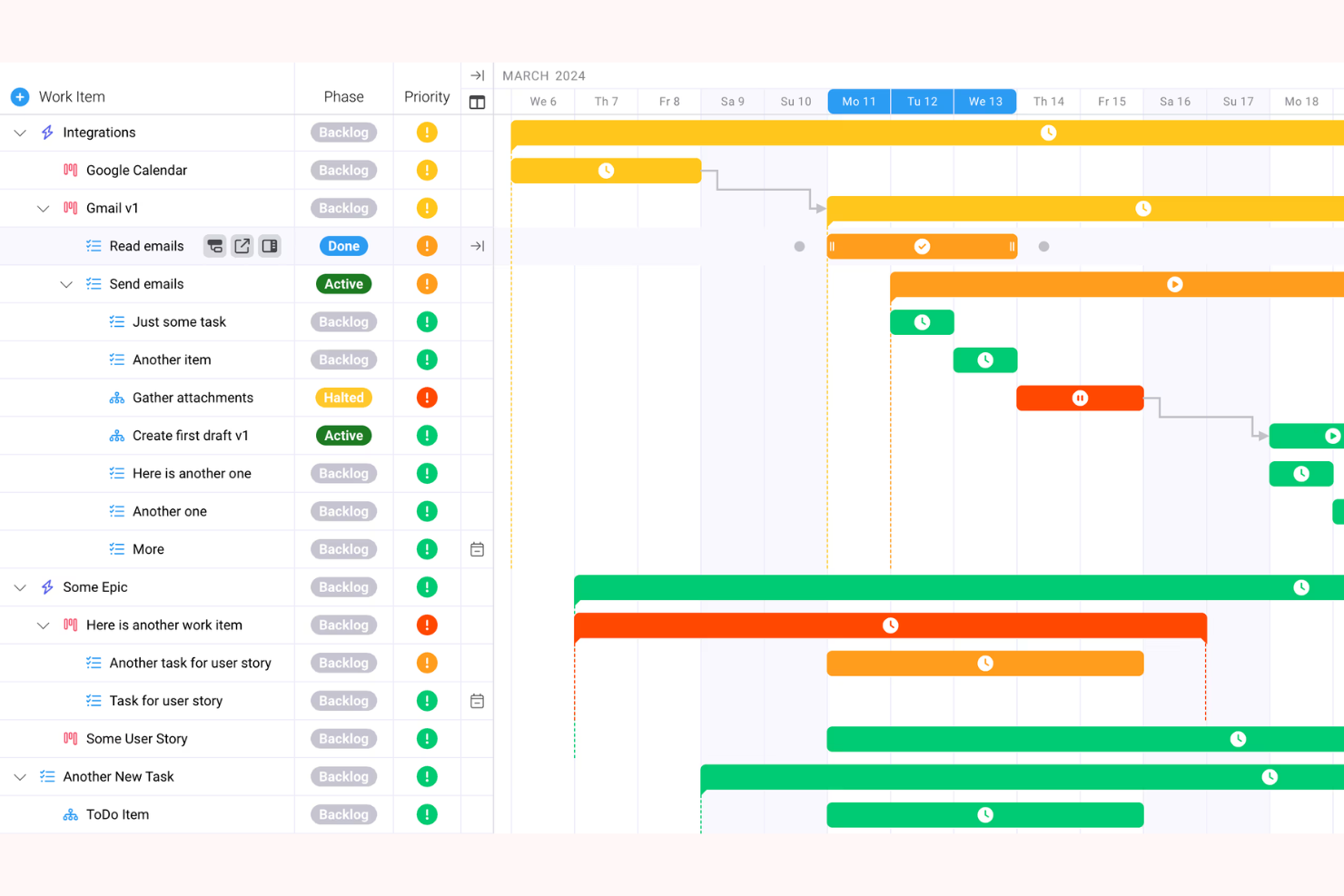 Ravetree offers a Gantt-style project timeline view with color-coded work items, phases, and priority indicators for tracking tasks across sprints.