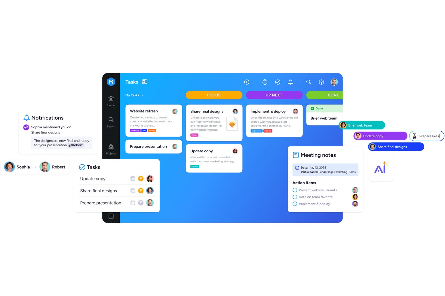 MeisterTask offers a kanban-style task board with focus columns, notifications, meeting notes, and AI-assisted project management features.