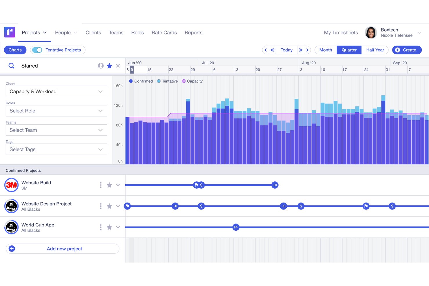 Runn helps you keep a close eye on capacity, billable hours, and resourcing across your projects.