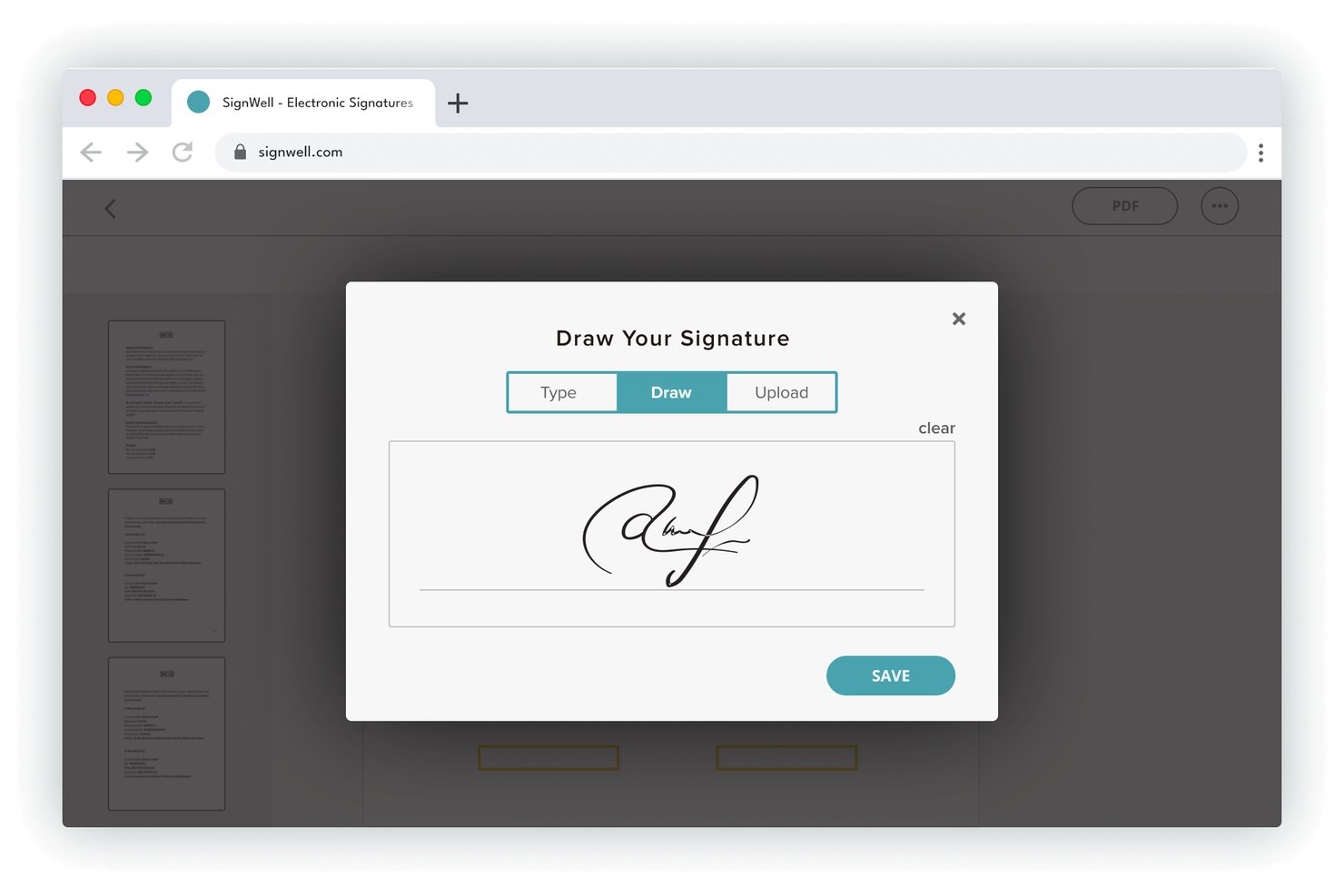 SignWell offers a draw signature modal with Type, Draw, and Upload options for signing documents electronically.