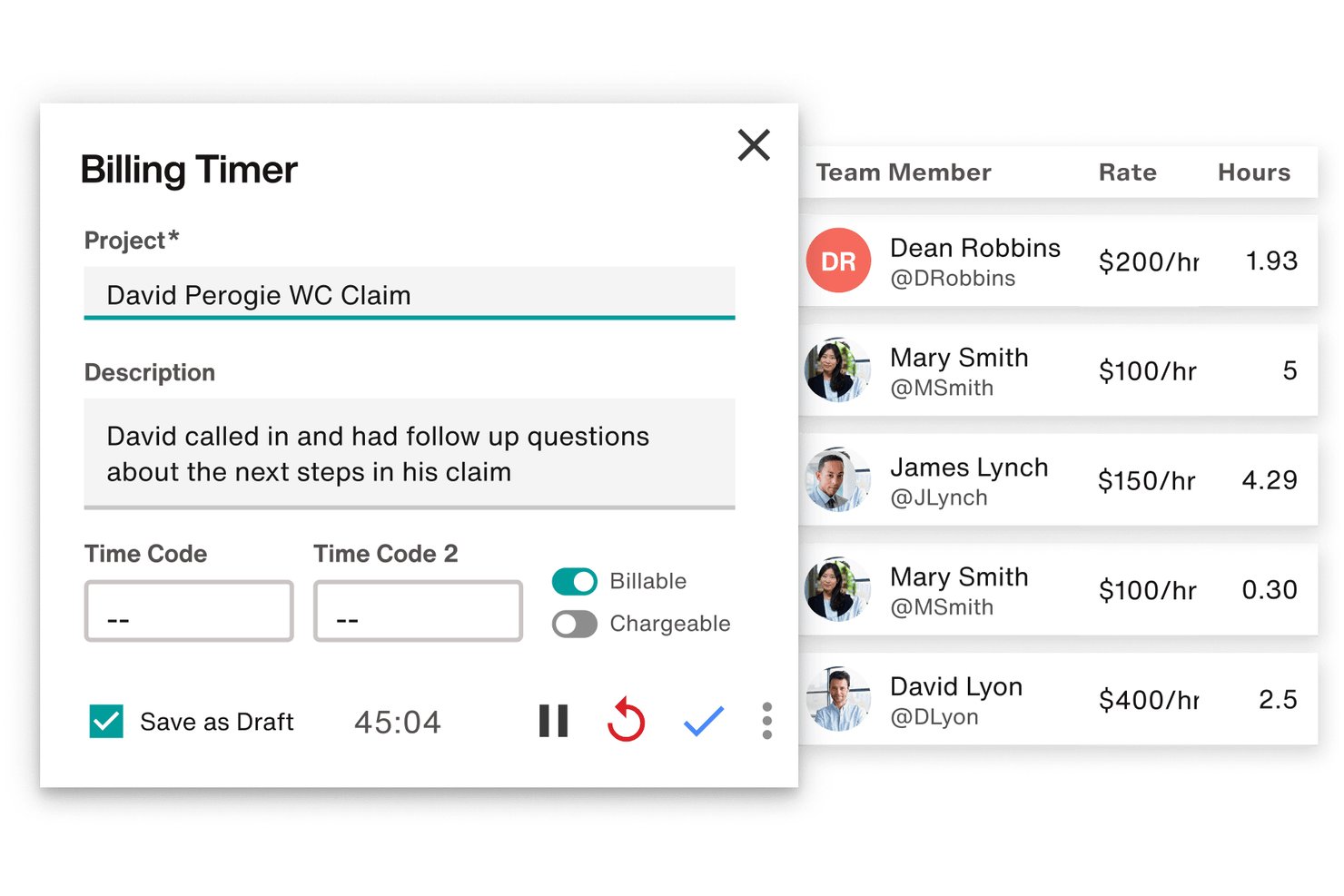 Filevine offers a billing timer modal with project, description, time code fields, and a team member rate/hours tracking panel.