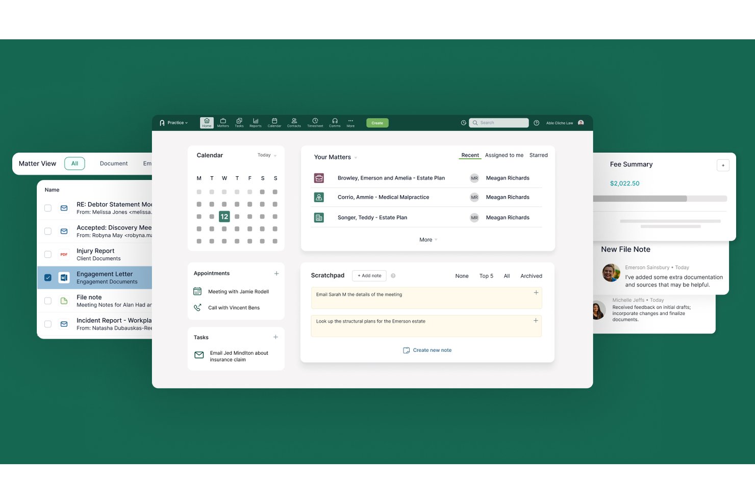 Actionstep offers a centralized dashboard featuring a calendar, matter list, scratchpad, file notes, and fee summary for legal practice management.