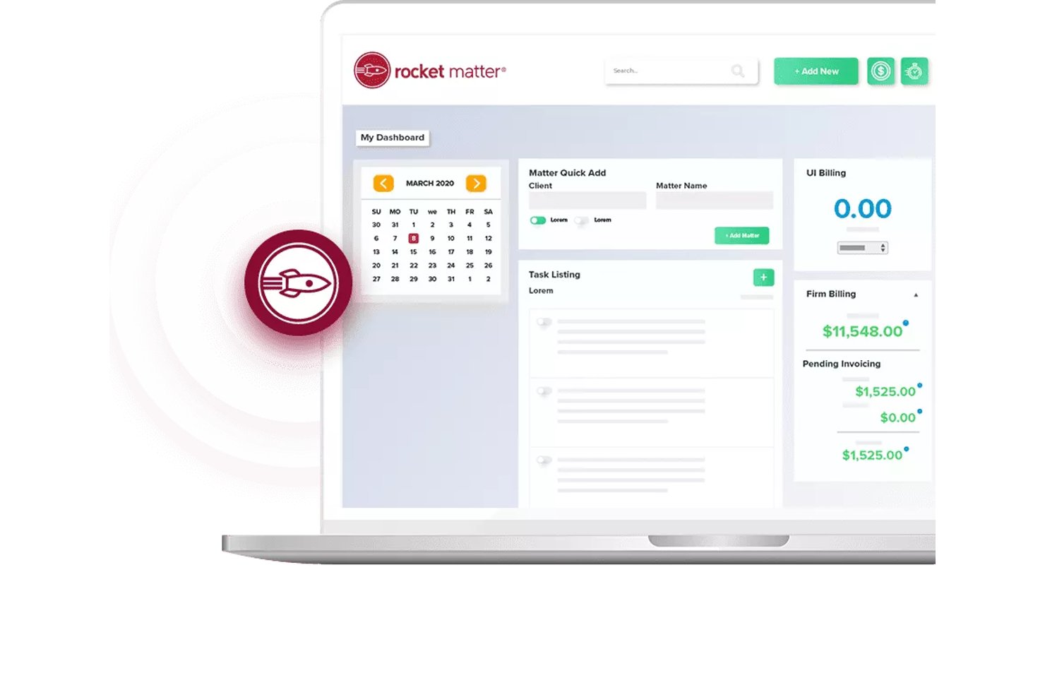 Rocket Matter offers a dashboard with a calendar, matter quick add form, task listing, and billing summaries including firm billing and pending invoicing.