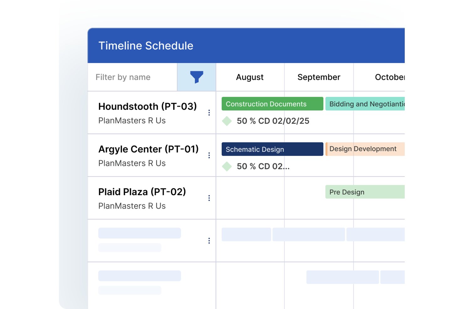 Factor A/E offers a timeline schedule view that displays project phases, milestones, and design stages across multiple months for multiple projects.