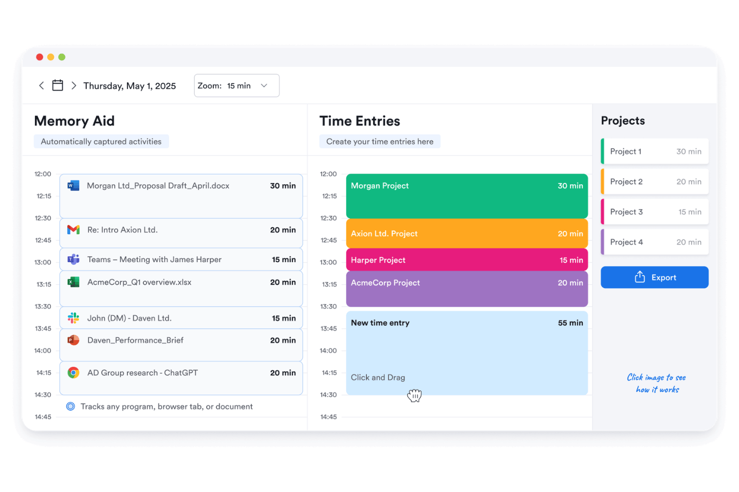 Memtime automatically captures work activity for accurate time tracking.