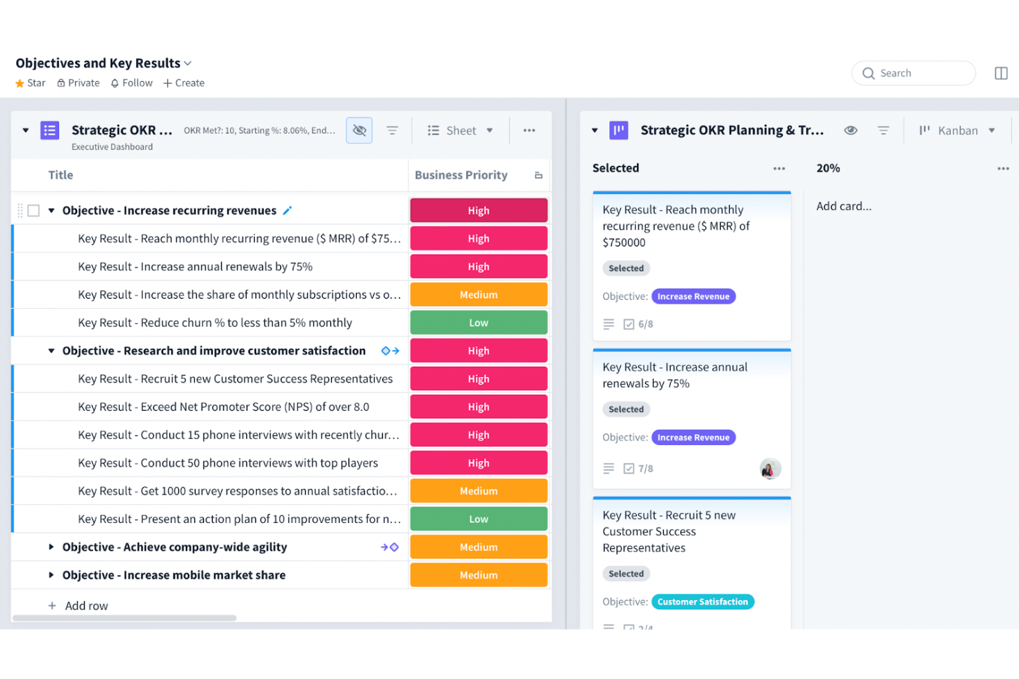 Favro OKR alignment linking projects, goals, and team initiatives.