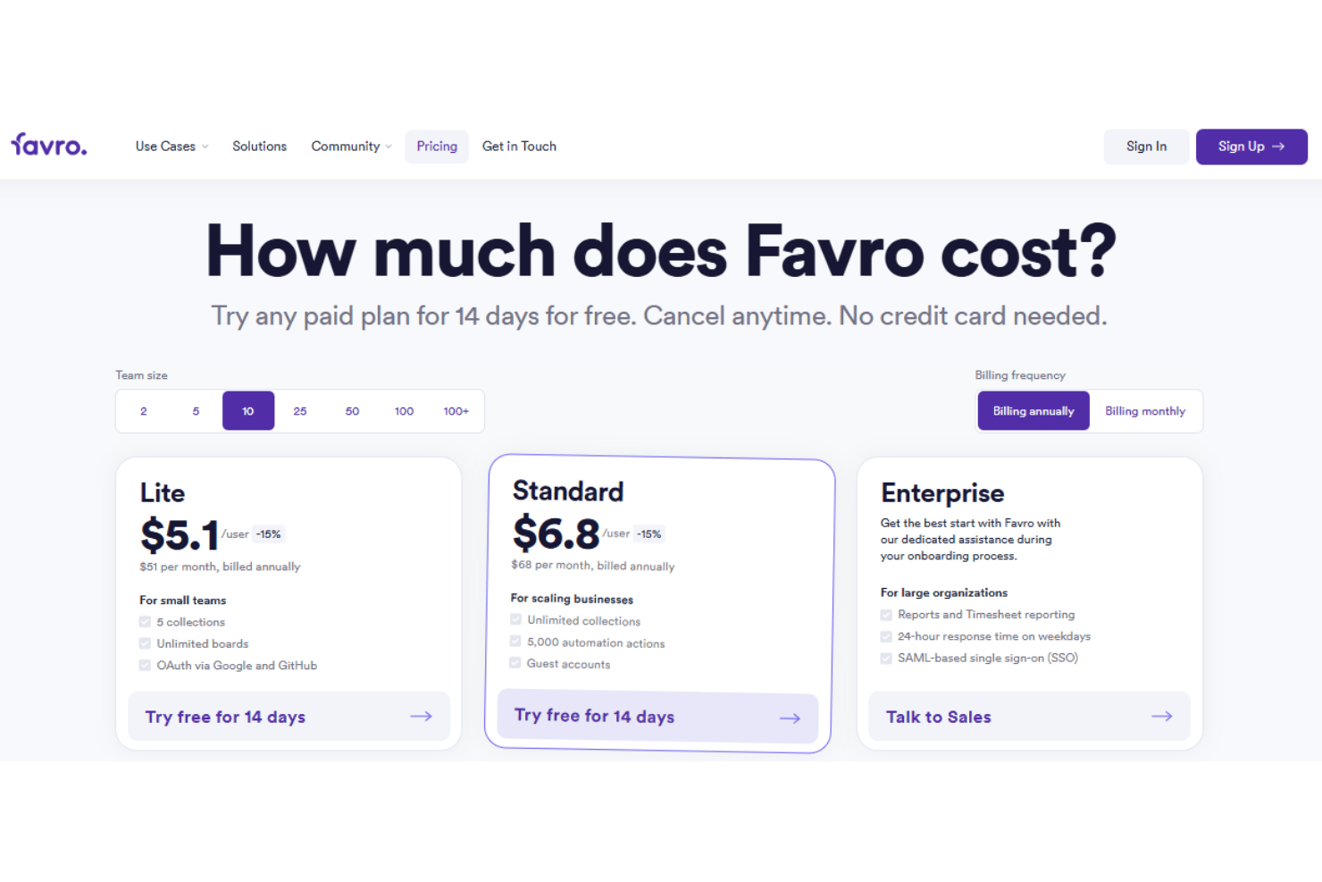 Favro pricing plans with agile planning, collaboration, and scaling features.