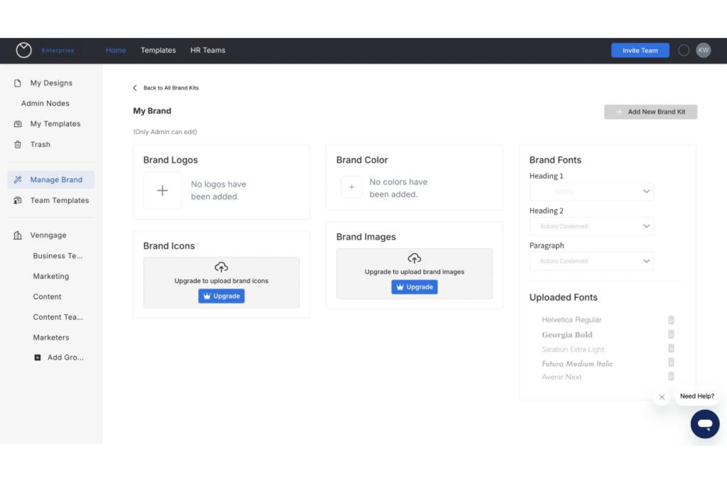 Venngage brand kit integration with logos, colors, and fonts.