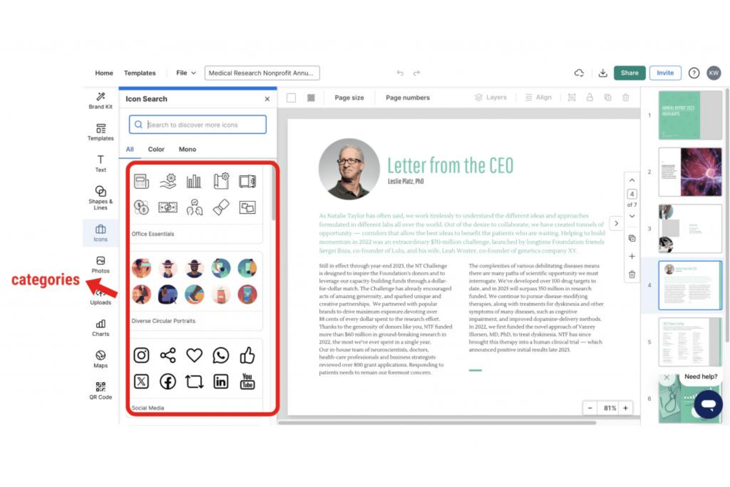 Venngage visual asset library with icons, illustrations, and photos.