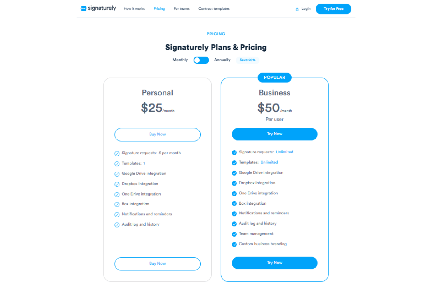 Signaturely pricing with unlimited self-signing and document signing features.