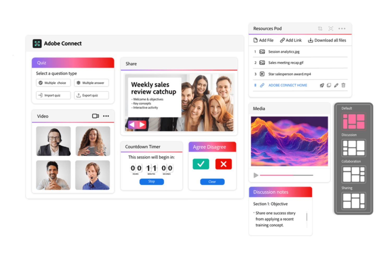 Adobe Connect delivers customizable web conferencing for training, webinars, and collaboration.