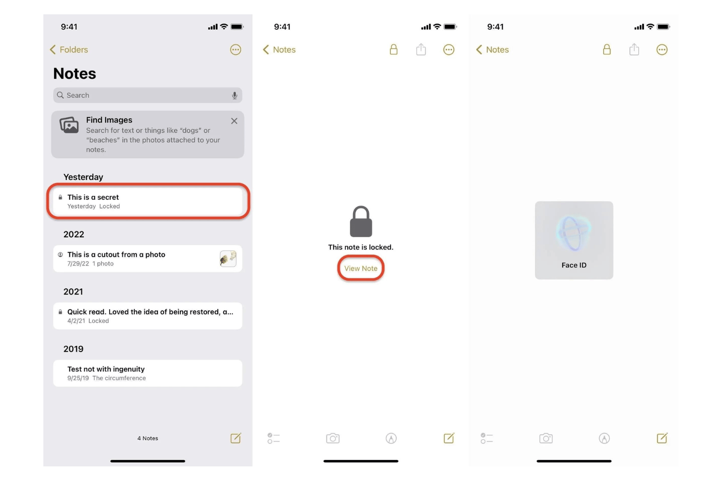 Apple Notes note locking feature using Face ID and Touch ID for secure access to private notes.