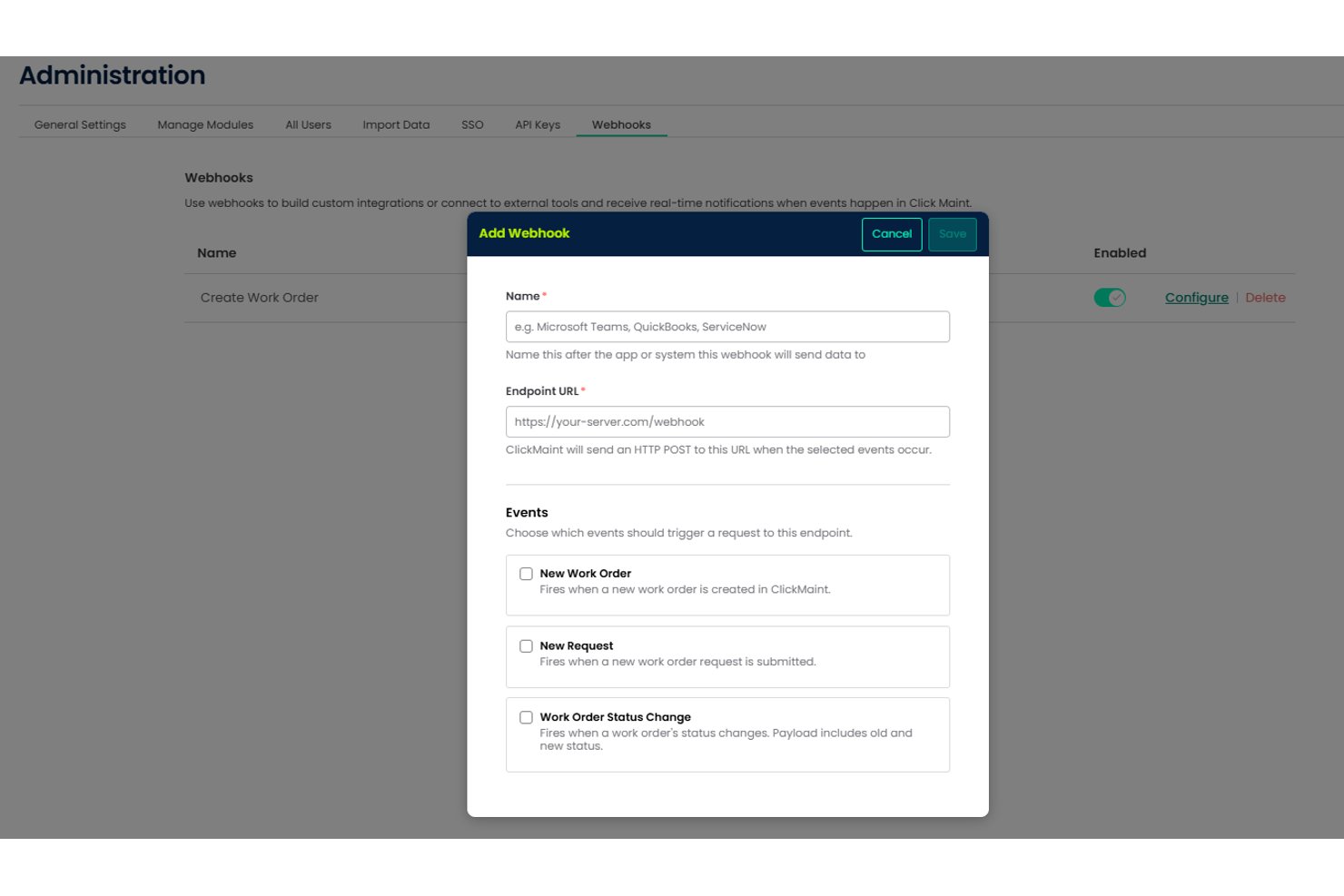 Add Webhook dialog with name, endpoint URL fields, and event trigger checkboxes.