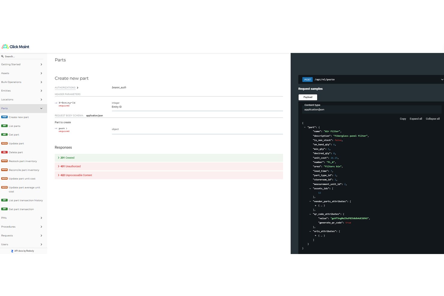 Click Maint API documentation showing POST endpoint to create a new part with JSON payload.